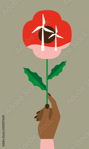 Hand Holding Poppy with Wind Turbines Inside