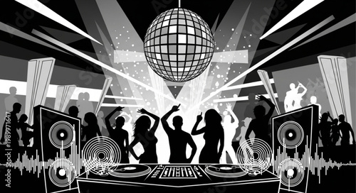 Disco Party Scene with Silhouettes and Lights.