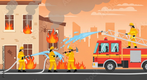 Firefighters battling a building fire with hoses and a fire truck.