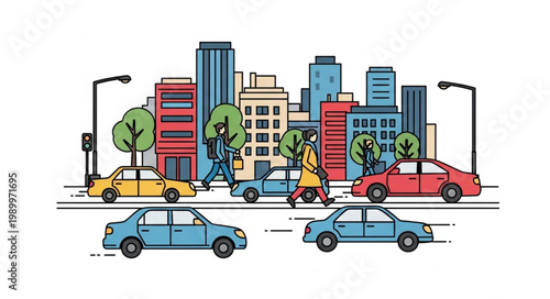Urban Cityscape with Cars and Pedestrians.