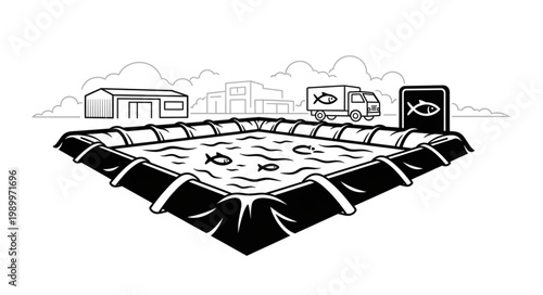 Aquaculture Fish Farming Pond with Trucks and Buildings.