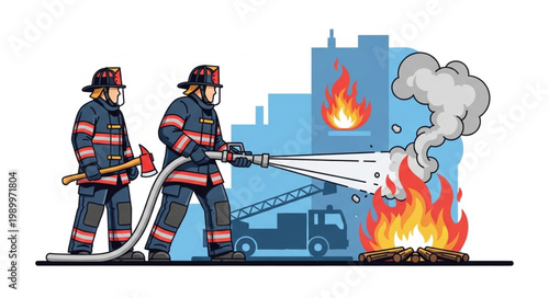 Firefighters Battling a Blazing Building Fire with Water Hose.