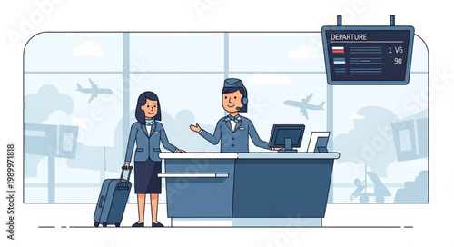 Flight attendant assisting passenger at airport check-in counter.