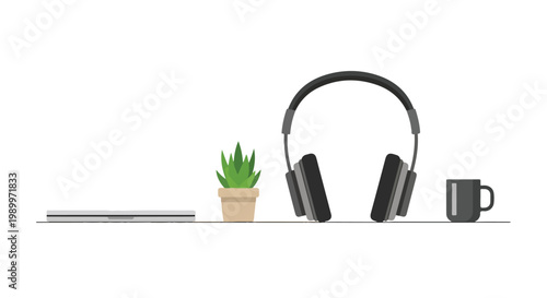 A minimalist vector graphic showing a closed laptop, a small succulent, over-ear headphones, and a mug arranged on a clean, white background.