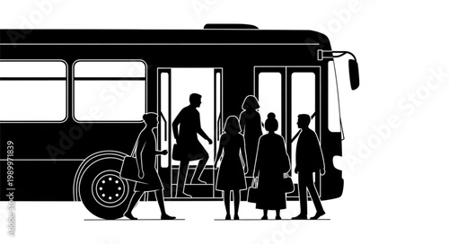 People boarding a vintage bus silhouette.