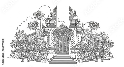 Ornate Balinese Temple Entrance with Lush Tropical Vegetation Detailed Sketch.