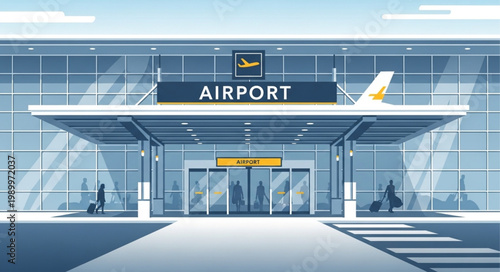 Modern Airport Terminal Building Facade with Glass Entrance and Signage.