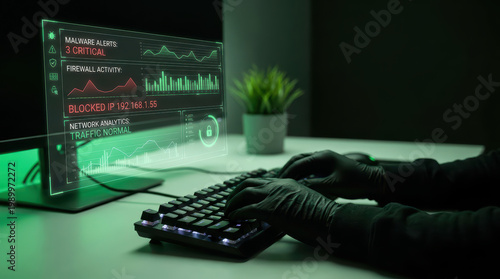 Cybersecurity monitoring with hands typing on keyboard wearing black gloves, malware alerts, firewall activity, and network analytics displayed on transparent screen in dark room