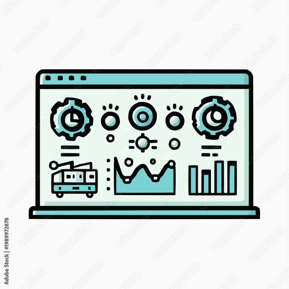 Fototapeta premium Flat vector illustration of a factory dashboard with data analytics, suitable for business presentations, technology websites, or industrial reports.