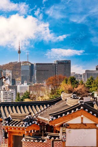 Bukchon Hanok Village with Namsan TV Tower in Seoul, South Korea