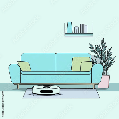 Flat vector illustration of a robot vacuum cleaner cleaning a living room, suitable for smart home ads, technology blogs, or cleaning service promotions.
