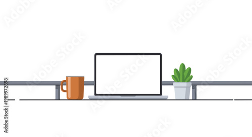 A minimalist vector illustration of a workspace featuring a laptop with a blank screen, a coffee mug, and a potted plant on a desk.