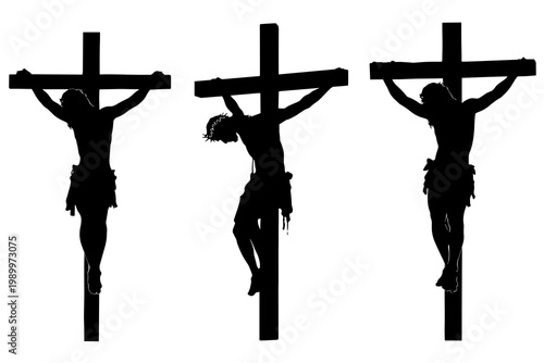 Set of crucifixion silhouette vector icons isolated on white background. Vector illustration. Black flat design, cross, religious, christian