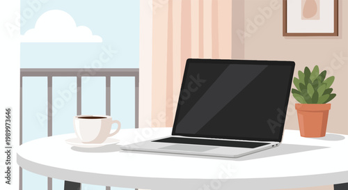 This vector graphic features a modern home office setup with a laptop, coffee cup, and small plant on a white table next to a balcony view.