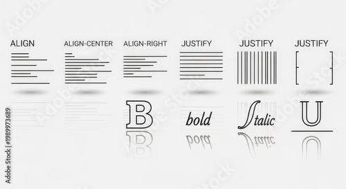 Vector icons illustrating various text formatting and typography options including alignment, bold, italic, and underline styles for graphic design and document editing.