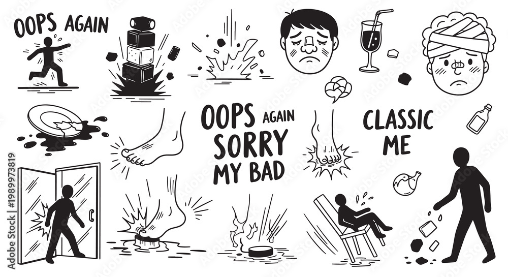 Obraz premium Clumsy accidents and oops moments doodle collection showing people making mistakes in line art style.