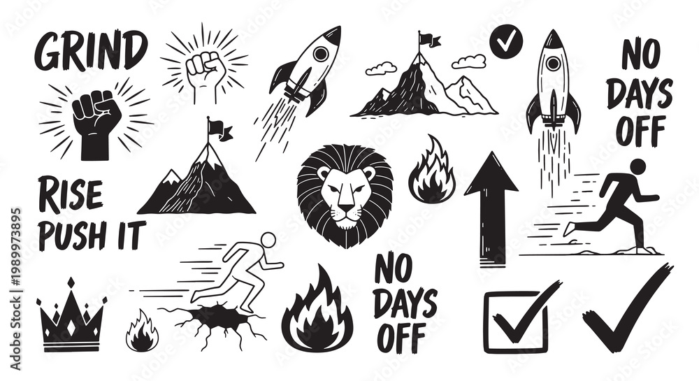 Fototapeta premium Set of motivational icons, grind hard, no days off, rise up, push it, success symbols.