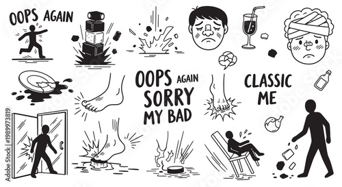 Clumsy accidents and oops moments doodle collection showing people making mistakes in line art style.