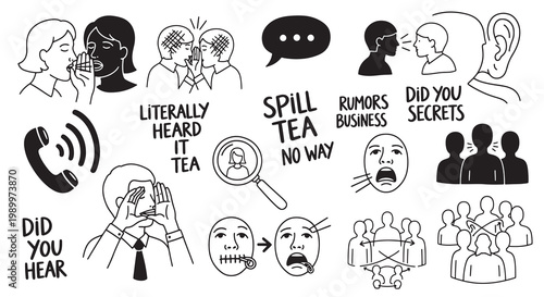 Set of black and white cartoon drawings related to gossip and secrets, including people whispering, phrases like spill tea, and symbols of communication.