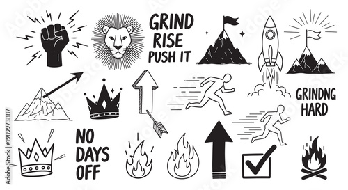 Set of motivational icons, grind hard, no days off, rise up, push it, success symbols.