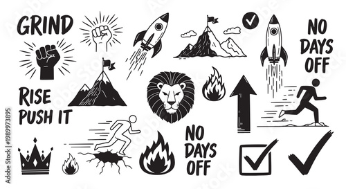 Set of motivational icons, grind hard, no days off, rise up, push it, success symbols.