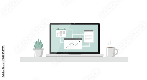 A sleek vector illustration of a workspace featuring a laptop displaying business data, a small potted plant, and a hot cup of coffee.