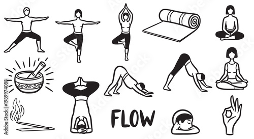 Set of yoga and meditation hand drawn doodle icons. contains such icons as yoga pose, meditation, mat, bowl, incense, flow.