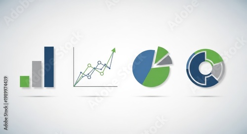 Four distinct types of data visualization charts including bar, line, pie, and donut graphs on a light background, representing business analytics.