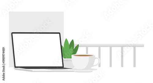 A minimalist flat vector illustration shows a laptop with a blank screen next to a cup of coffee and a small potted plant on a desk.