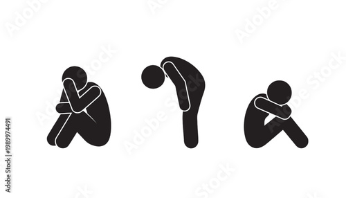 Person exercise icons set with running, crawling, and stretching poses in bold silhouette style featuring workout, training, fitness with athletics