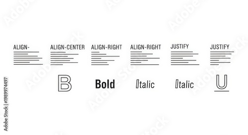 A visual representation of common text formatting options including left, center, right, and justified alignment, along with bold, italic, and underline styles.
