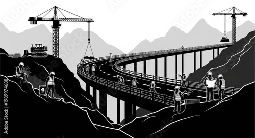 Bridge Construction in Mountainous Terrain with Cranes and Workers.