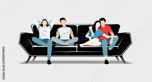 Diverse group of people relaxing on a modern black sofa.