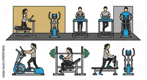 Fitness equipment and people exercising in a gym setting.