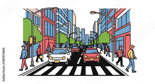 City Street Scene with Cars Pedestrians and Buildings.