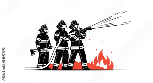 Firefighters Battling Blaze with Water Hose.