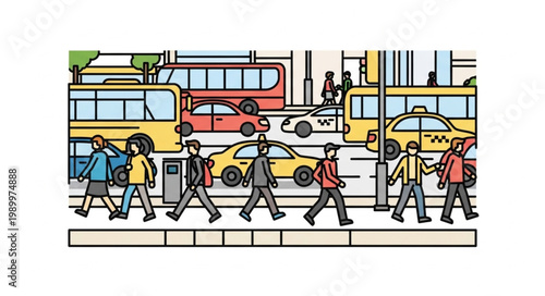City street scene with pedestrians crossing road and vehicles.