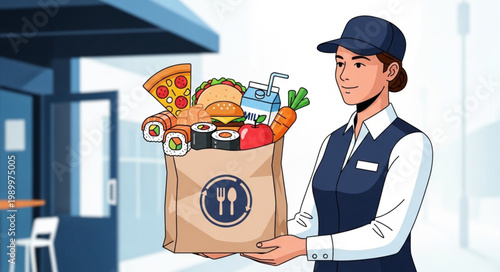 Food Delivery Person Holding Bag Full of Groceries and Fast Food.