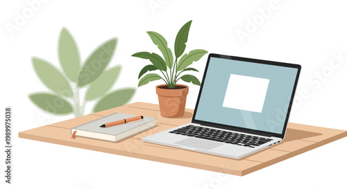 A minimalist flat vector illustration showing a tidy wooden desk workspace equipped with a laptop computer, a green plant, and a notebook.