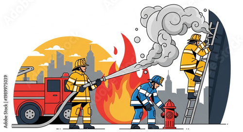 Firefighters Battling Blaze in Urban Environment with Fire Truck.