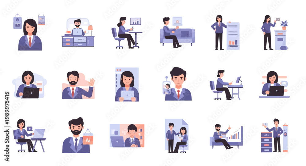 Fototapeta premium Modern flat style business illustrations of diverse professionals working, collaborating, and meeting in various office and remote settings, highlighting corporate productivity and teamwork