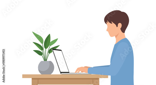 A man in a blue shirt sits at a wooden desk working on a laptop next to a green potted plant in a flat vector illustration style.