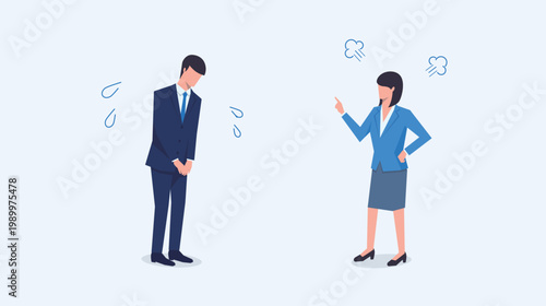 仕事上の失敗で相手を叱咤する人物と頭を下げて謝罪する人物のベクターイラスト