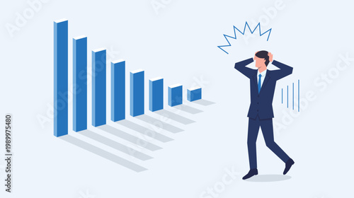 下降曲線を描く棒グラフとガーンと衝撃を受ける人物のベクターイラスト