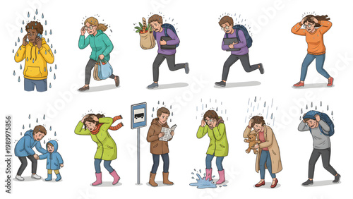 Isometric Rain Without Umbrella Struggle Vector Set – Step Flow Human Activity Scene with Sketchy Raindrops Illustration