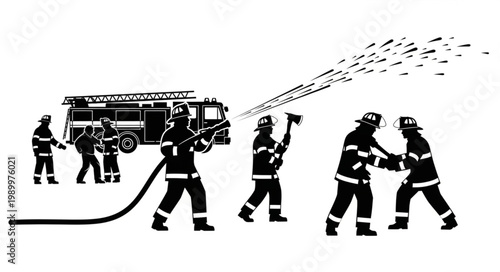 Firefighters in silhouette battling a blaze with a fire truck and water spray.