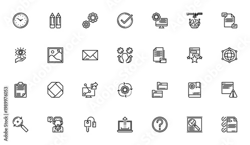 Basic And Universal icon set. Minimal vector icons pack. Includes symbols for time, pencil, gear, robot, chat, settings, world, security and more. Editable stroke.