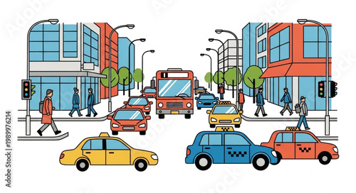 City Street Scene with Cars and Pedestrians.