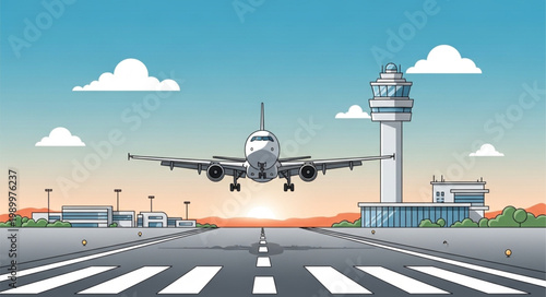 Airplane Landing at Airport Control Tower and Runway.