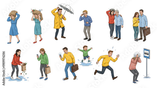 Isometric Rain Without Umbrella Struggle Vector Set – Step Flow Human Activity Scene with Sketchy Raindrops on White Background